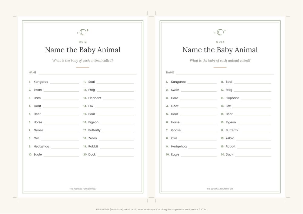 Free printable Name the Baby Animal baby shower quiz
