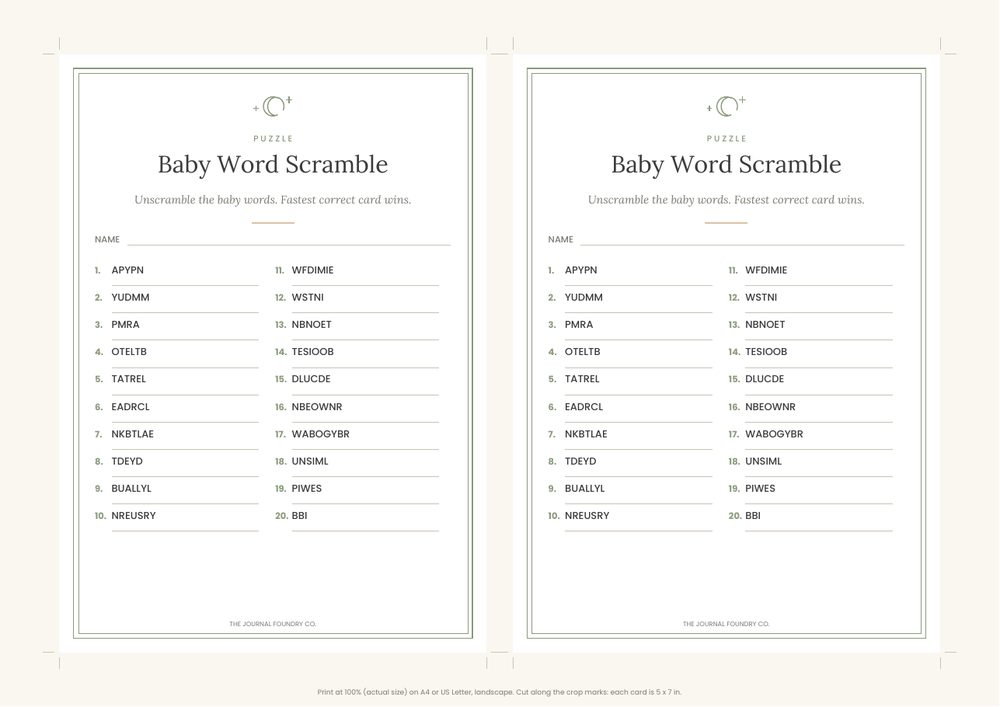 Free printable baby shower word scramble game, two cards per sheet