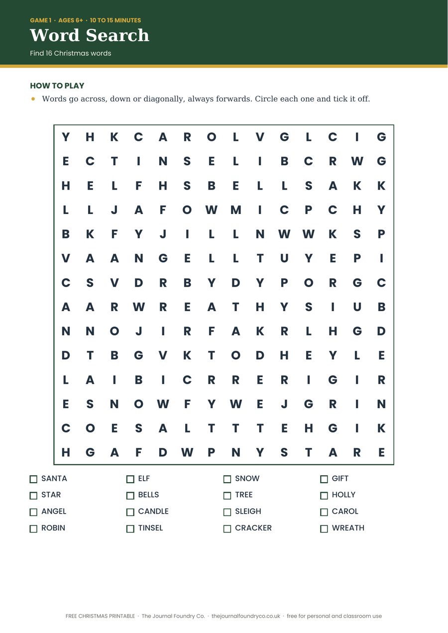 Free printable Christmas word search with 16 words