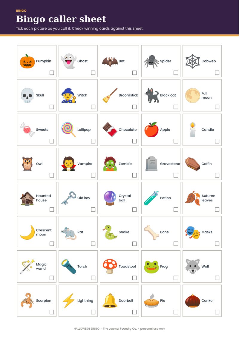 Halloween bingo caller sheet with all 40 pictures and tick boxes