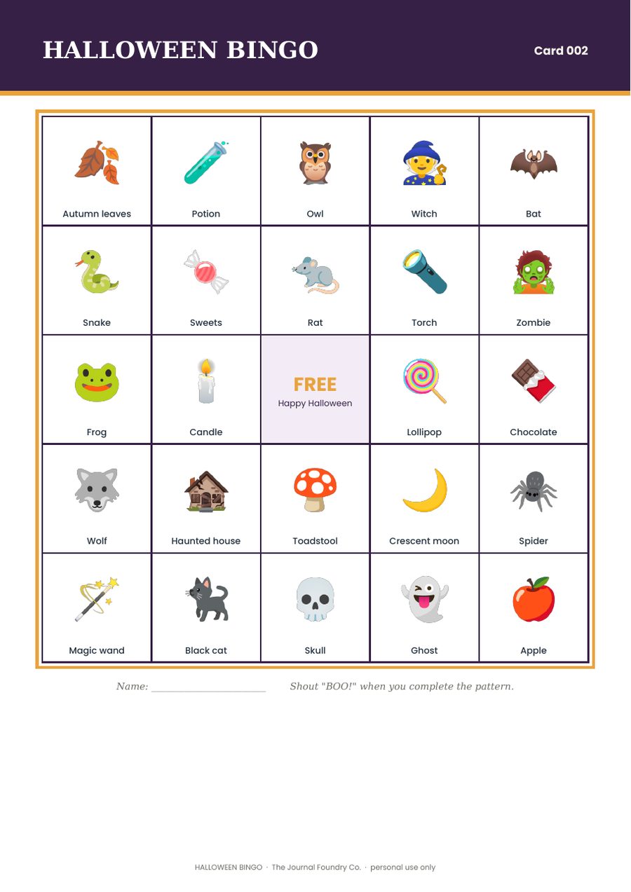 Free printable Halloween bingo card with pictures: pumpkin, bat, ghost, witch and more