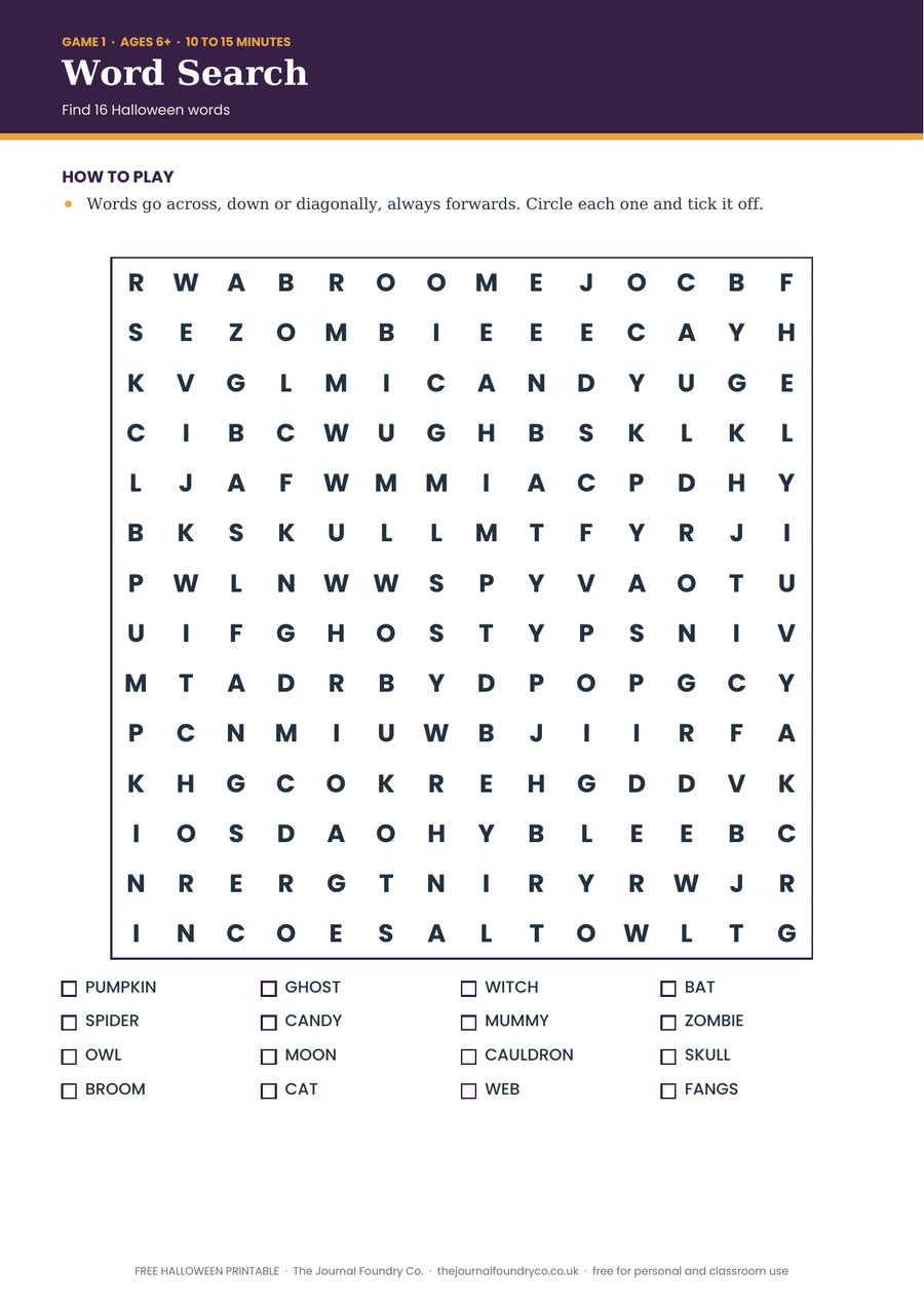 Free printable Halloween word search with 16 words