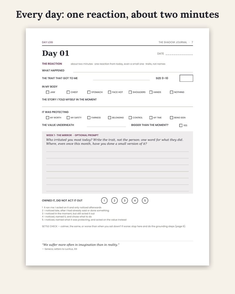 A Shadow Journal day page: the reaction log, a score and a prompt panel