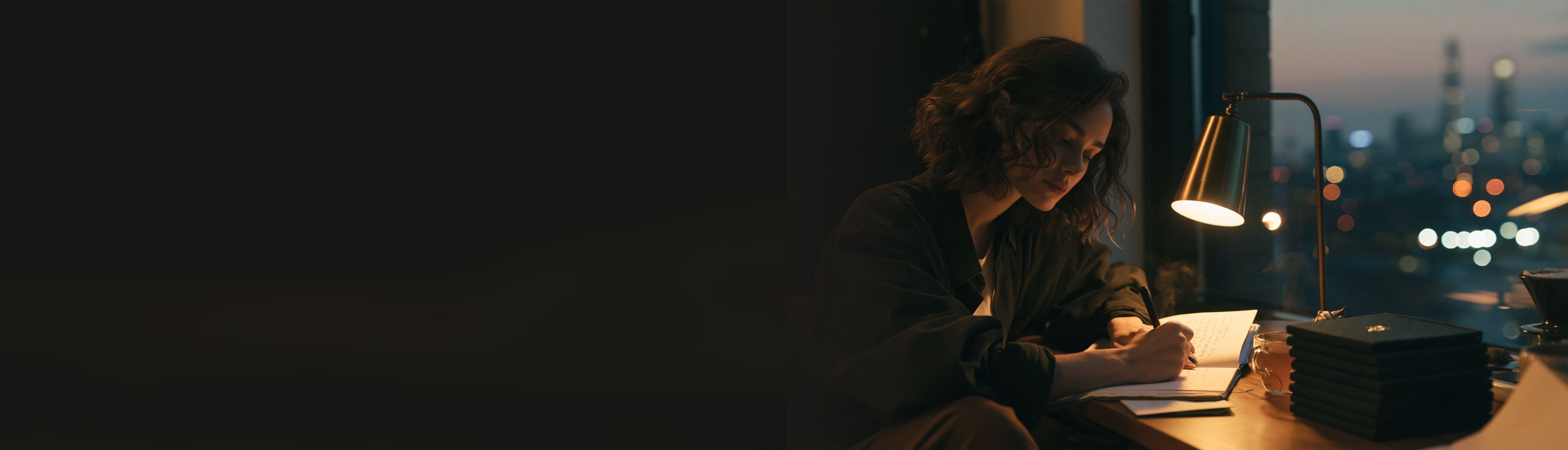 A woman writing in her journal at her desk in the evening