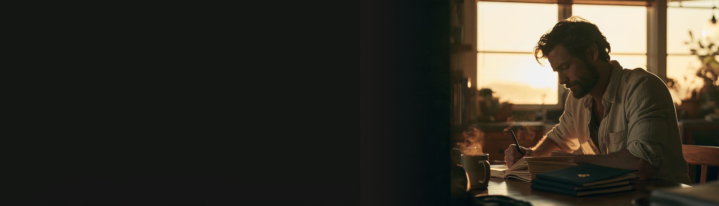A man writing in his journal at his kitchen table at sunrise