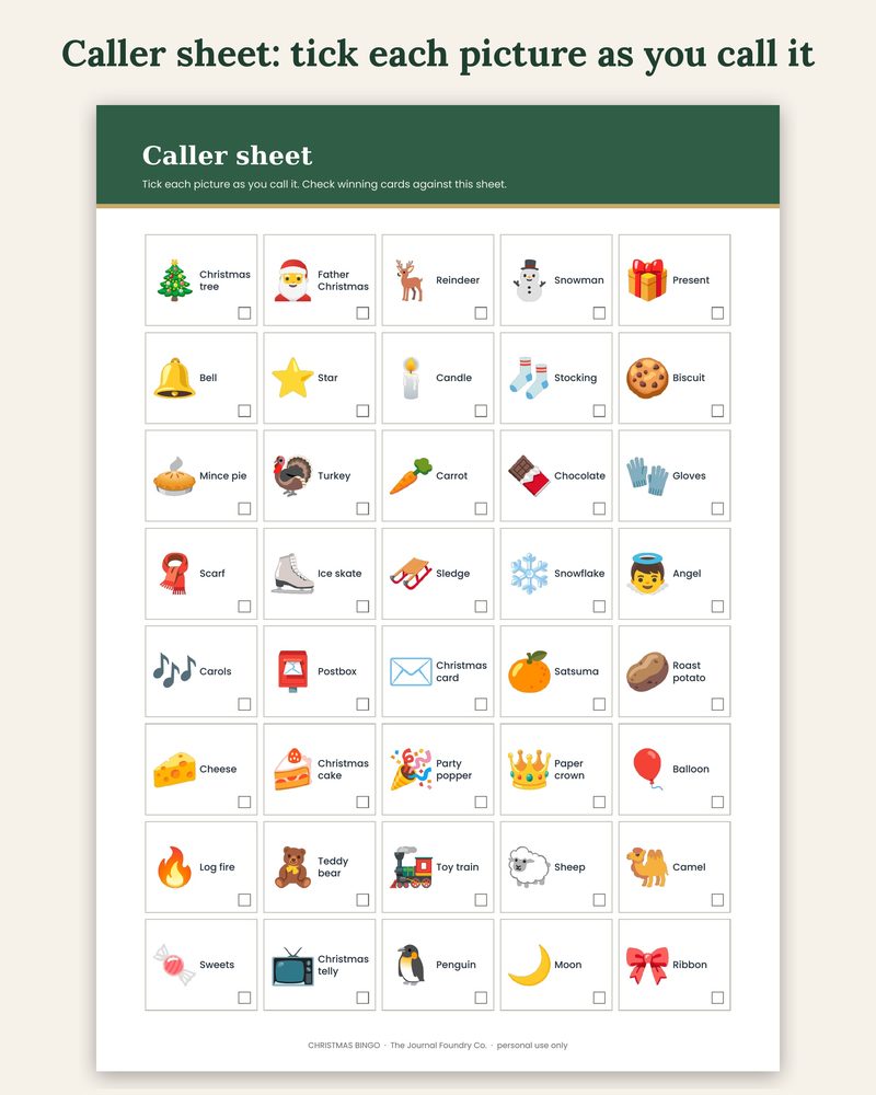 Christmas bingo caller sheet with tick boxes