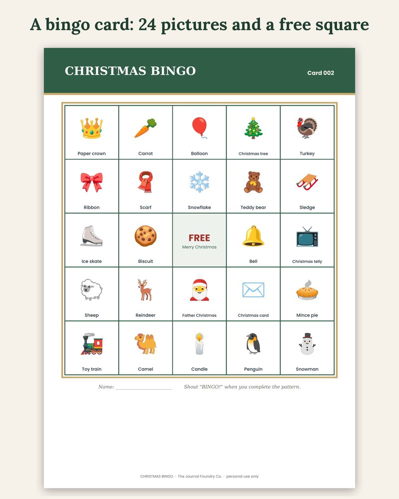 A Christmas bingo card with 24 pictures and a free square