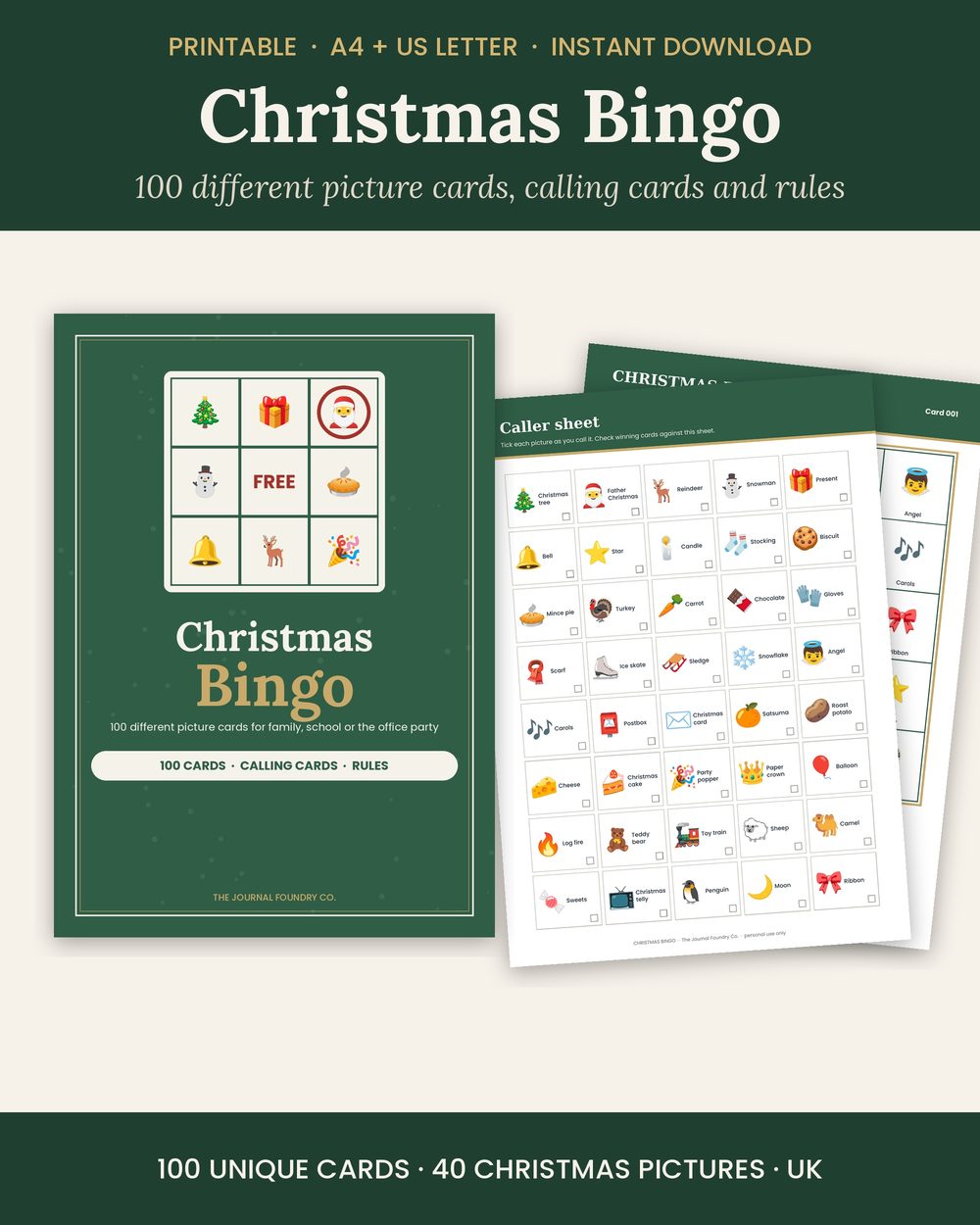 Christmas bingo printable: 100 different picture cards, calling cards and rules