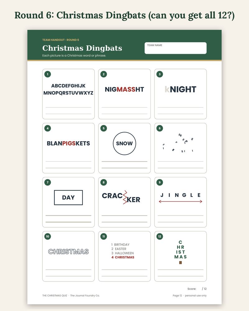Christmas dingbats picture round: twelve word puzzles
