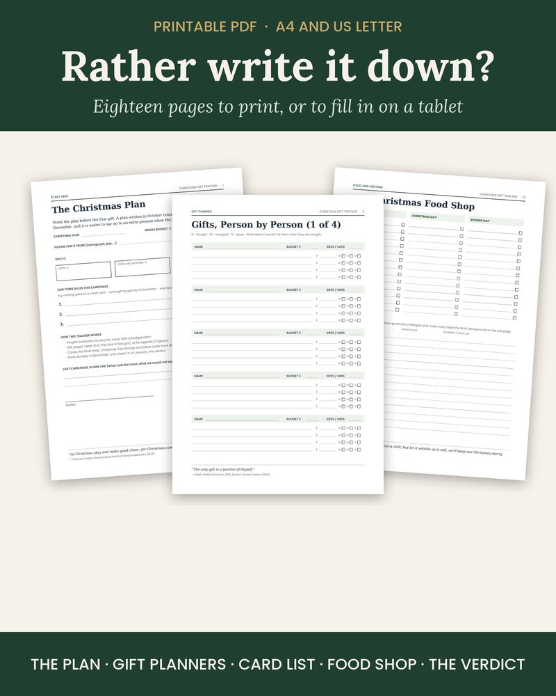 Printable Christmas planner pages: the plan, gift planner and food shop