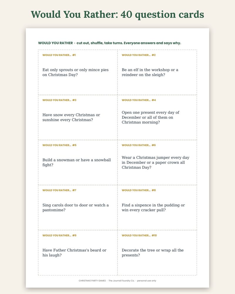 Christmas Would You Rather: printable question cards