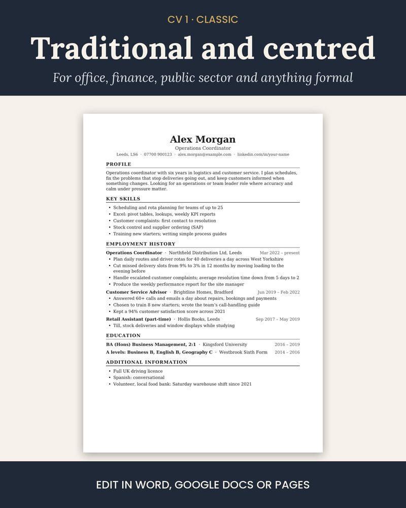 The Classic UK CV template: centred name, profile, experience, education and skills