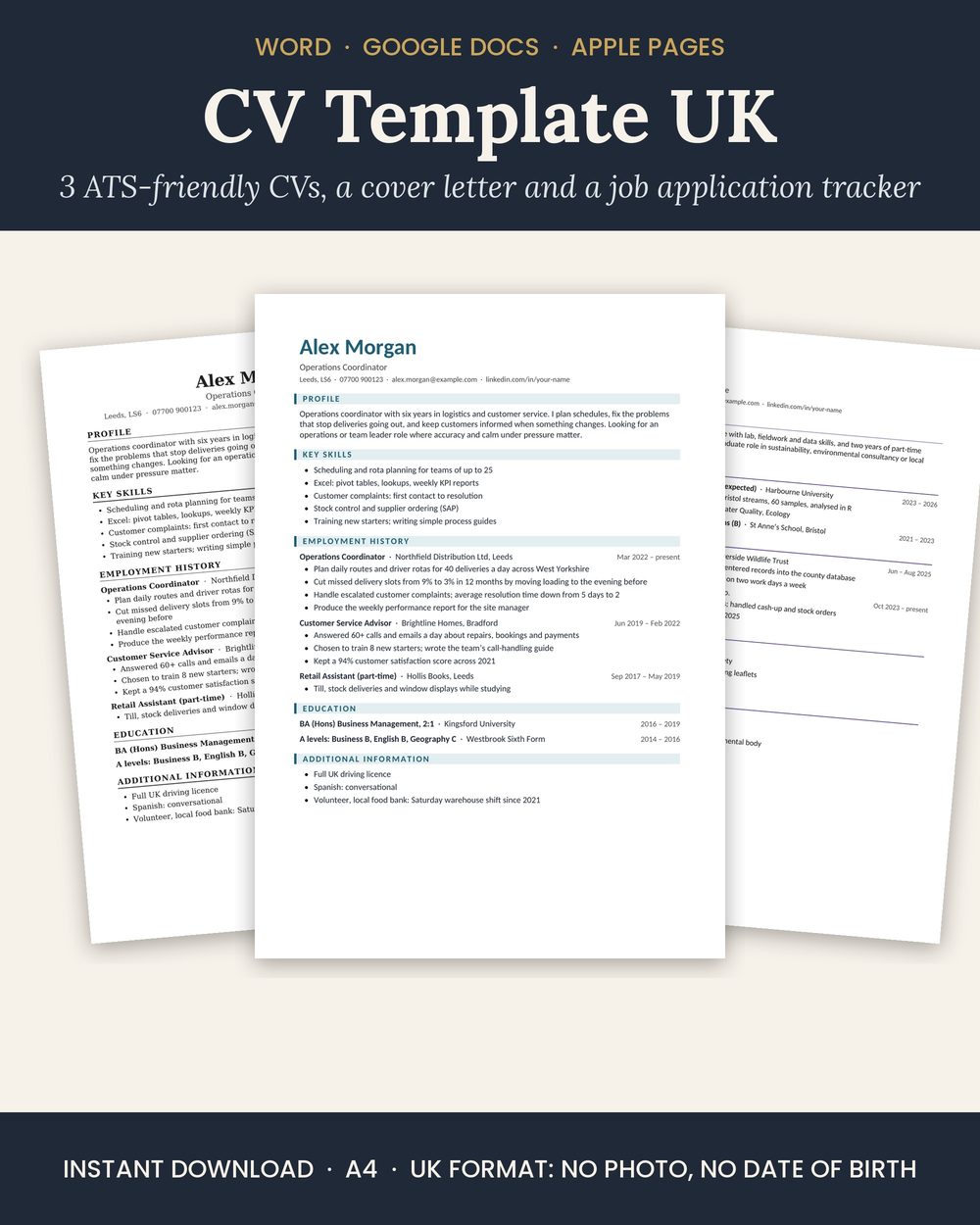 Three UK CV templates: Classic, Modern and Graduate, A4 Word documents