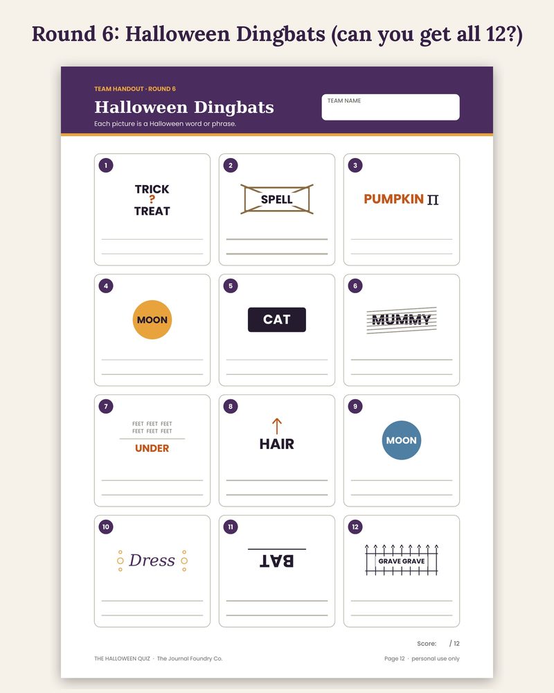 Halloween dingbats picture round: twelve word puzzles