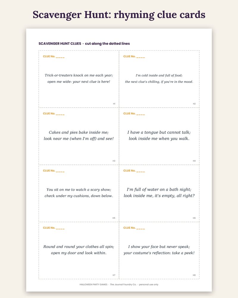 Halloween scavenger hunt printable: rhyming clue cards