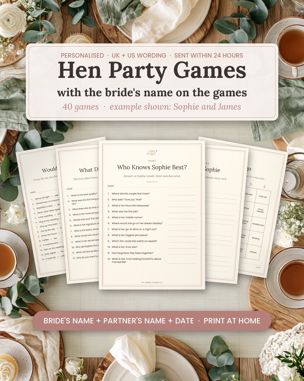 Personalised hen party games with the bride's name: Who Knows Sophie Best?