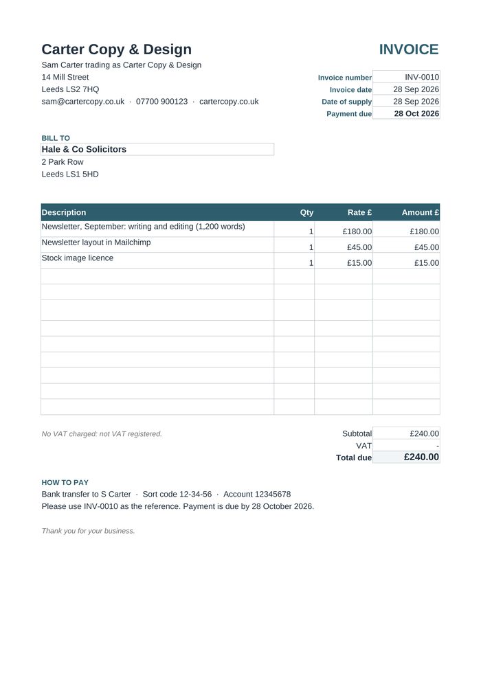 A printed A4 invoice from the template: business details, bill-to, lines, subtotal and total due
