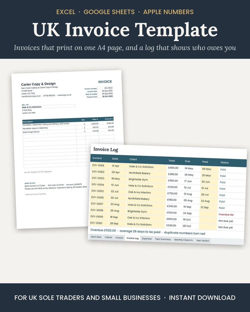 UK invoice template for Excel and Google Sheets, with the invoice log showing paid and overdue invoices