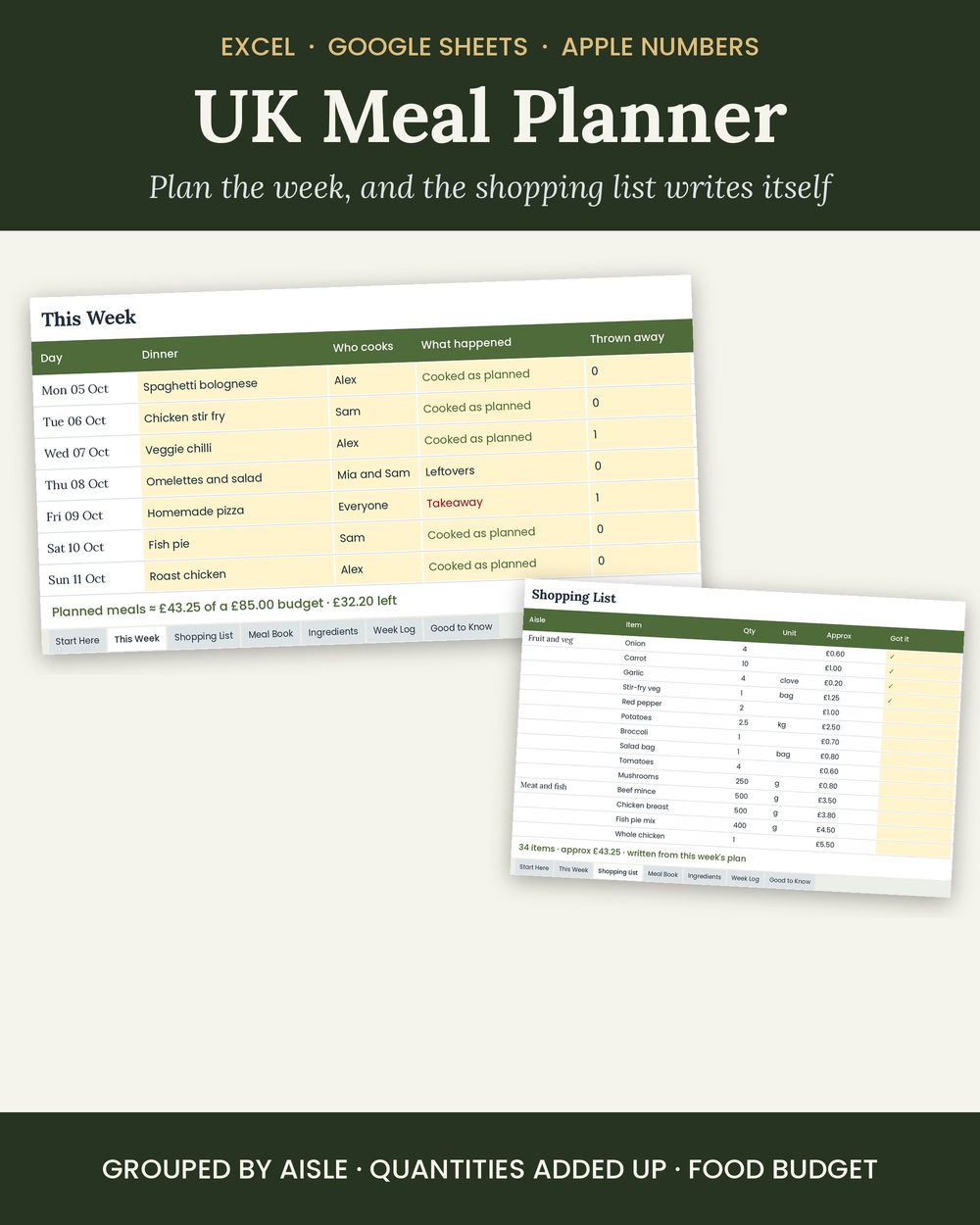 UK meal planner spreadsheet: this week plan and the automatic shopping list