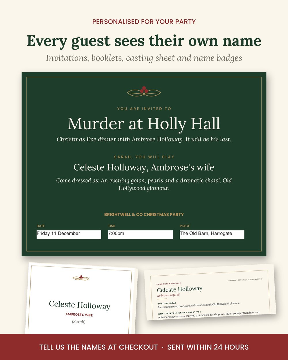 Personalised murder mystery invitation: the guest name, character and company party printed in