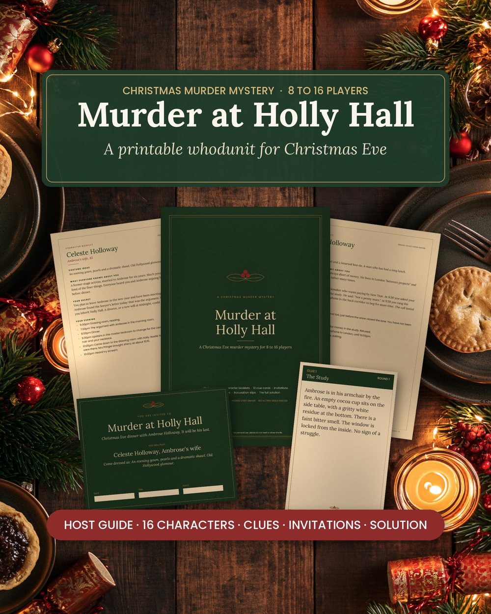 Printable Christmas murder mystery for 8 to 16 players