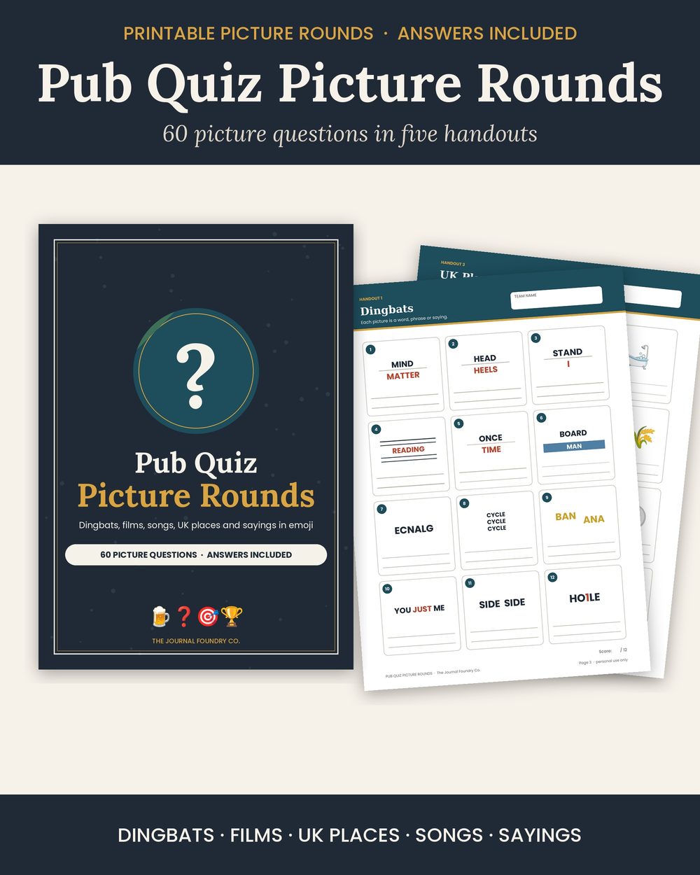 Pub quiz picture rounds: five printable handouts with answers